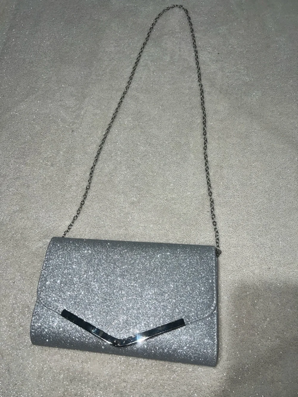 Silver Glitter Evening Clutch with Chain